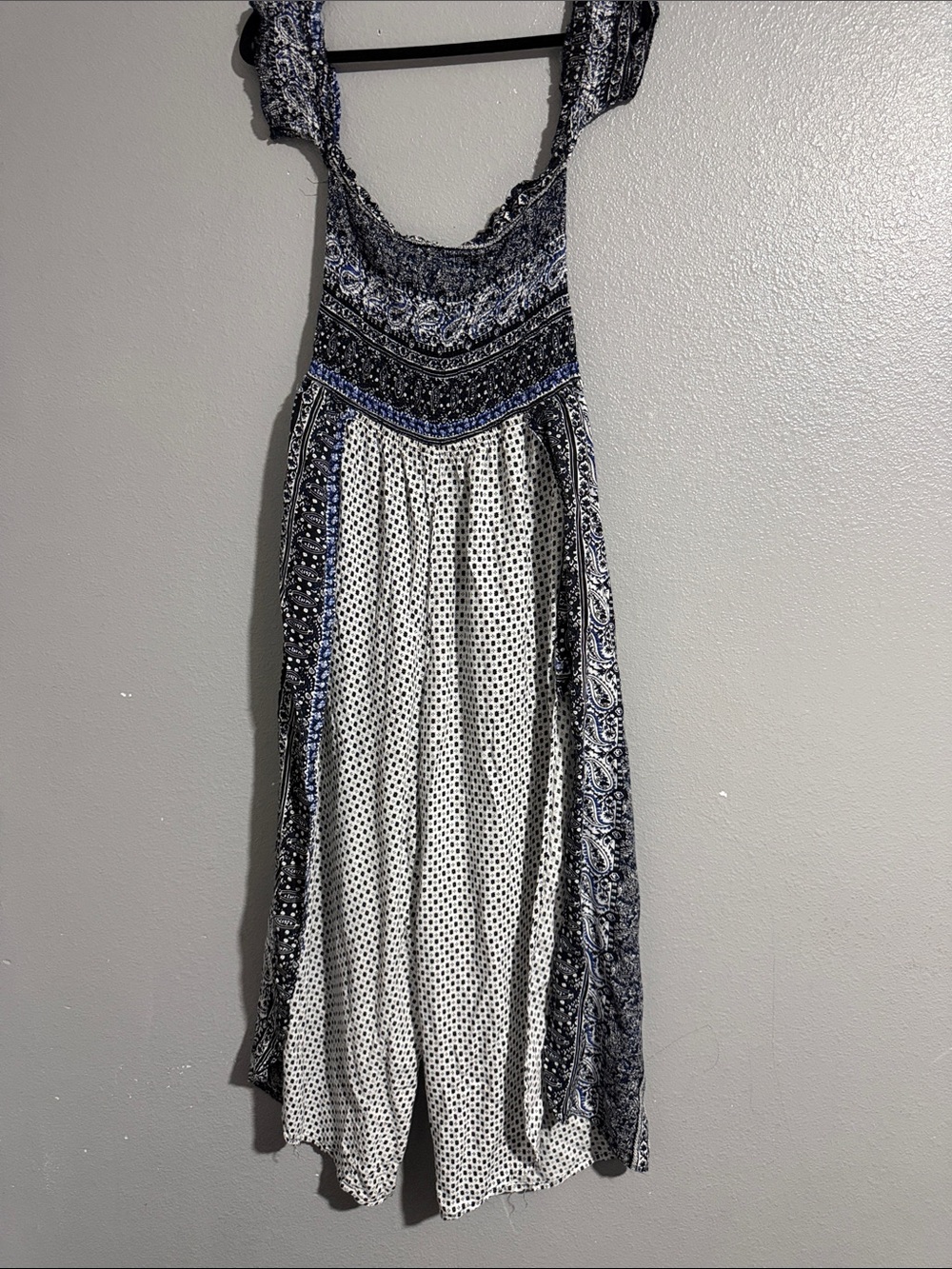 Rebellion Blue and White Paisley Panel Maxi Jumpsuit w/shorts-under open side
